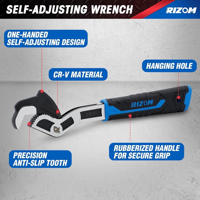 Rizom Self Adjusting Wrench, 8” and 12” Pipe Wrench, 2-Piece Self Adjustable Wrench Set with 3/8 to 1-3/4 inch Jaw Open - Image 2